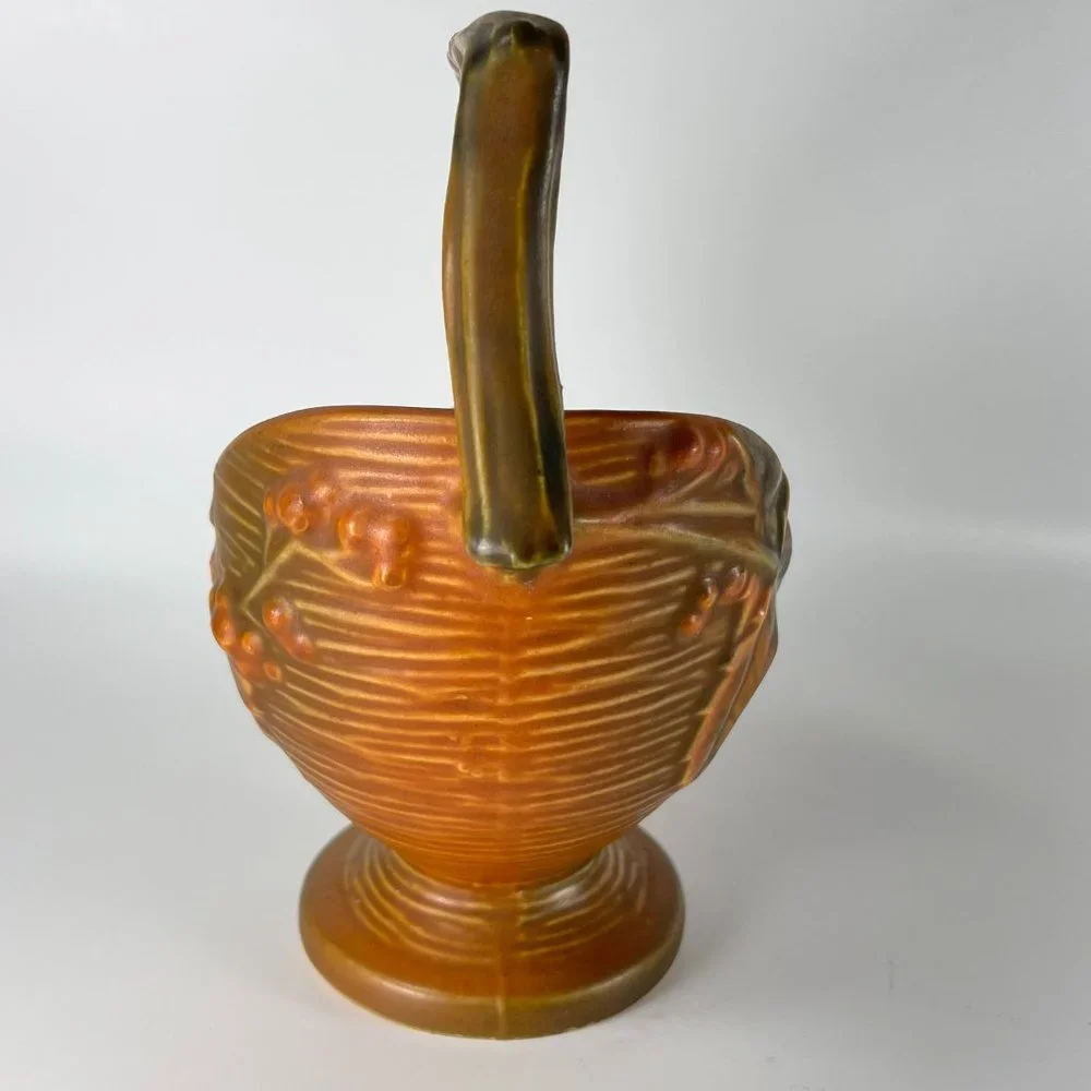 Vtg Roseville Basket Bushberry Branch Handle Russet Ceramic 40s Marked 369 6 1/2